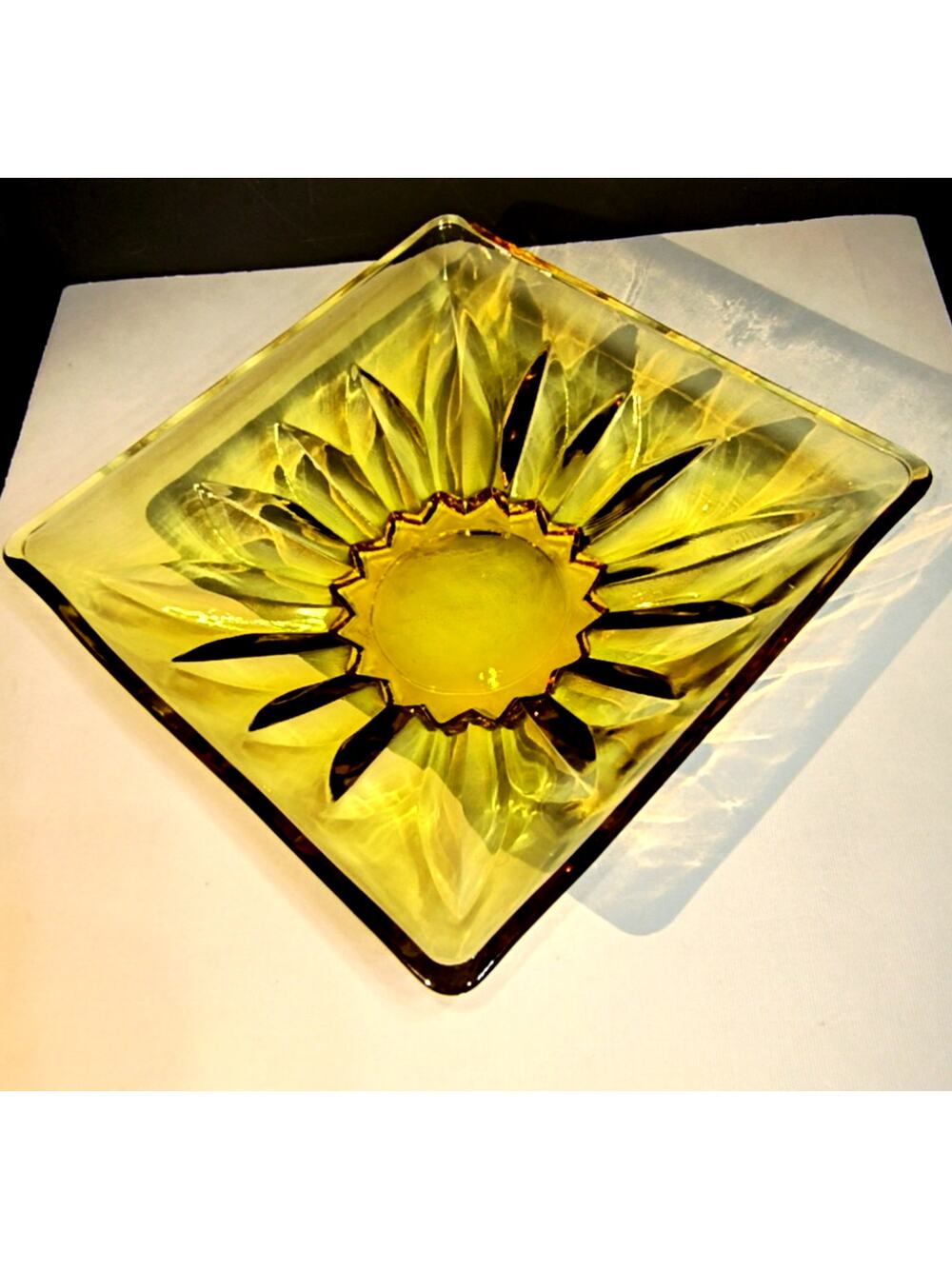 1620. Amber Glass Square Candy Dish Starburst Pattern